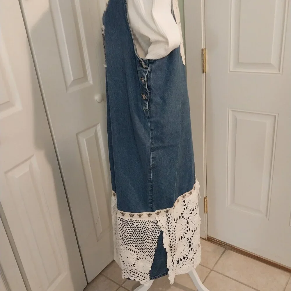 3645 Size 1XL Upcycled Denim Jumper by Sunshine Apparel with Lace Trim. - Picture 8 of 15